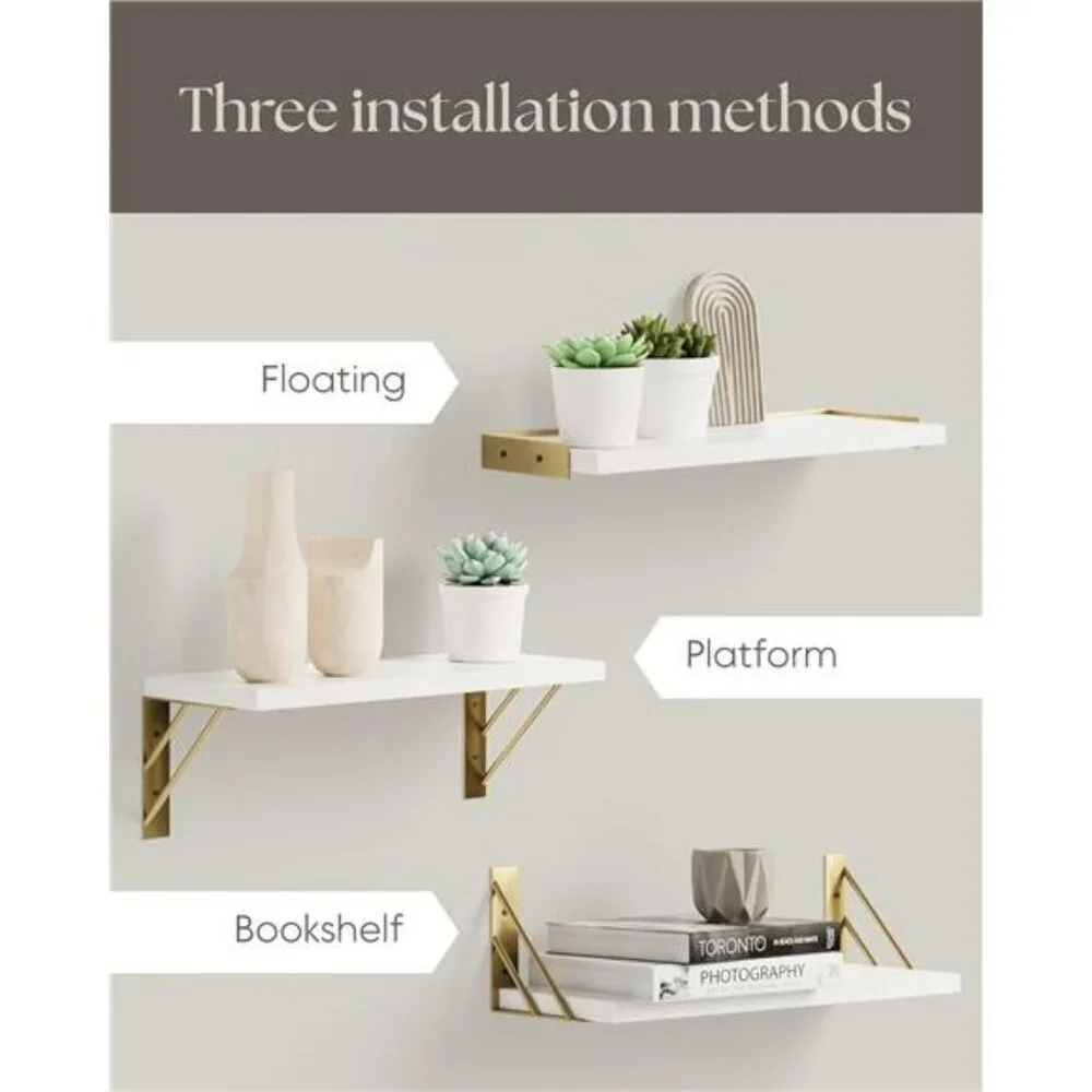 Floating Wall Shelves Set White Gold Wood Storage for Bathroom Bedroom Kitchen